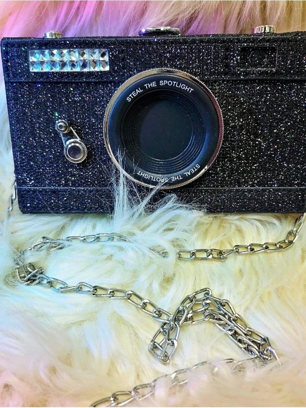 Black Glitter Camera Shoulder Bag with Chain